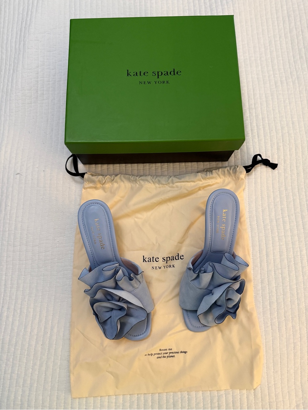 Kate Spade New York Blue Ruffle Slide Sandals Size 7.5B + Box & Dust Bag